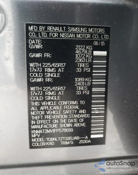 2015 Nissan Rogue S z USA, uszkodzony, nr VIN KNMAT2MV1FP578699